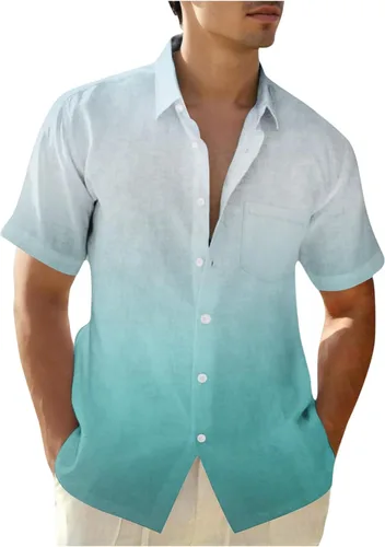 Vista 13 de Camisas con botones para hombre, de moda, de manga corta, color degradado, ajuste holgado, para vacaciones, playa, verano