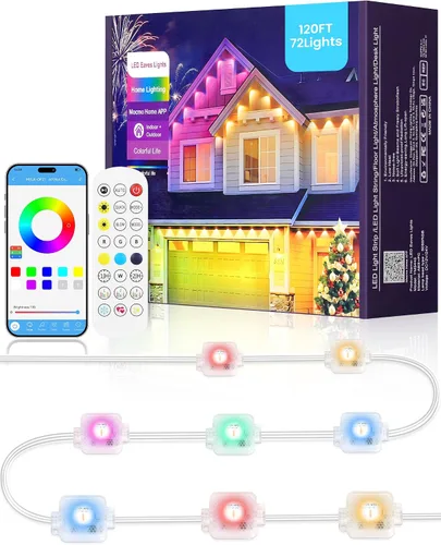 Vista 11 de Luces permanentes para exteriores, 100 pies RGB y aleros blancos con 60 luces LED, aplicación/control remoto, IP65 impermeable cadena de luces