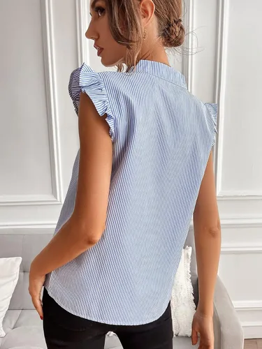 Vista 2 de Floerns Blusa a rayas con cuello en V y mangas casquillo con volantes para mujer