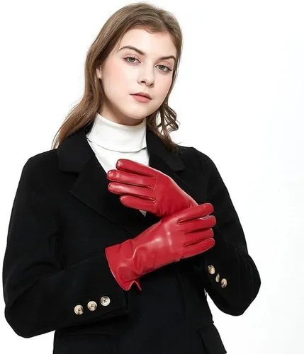 Vista 7 de ZLUXURQ Guantes de cuero suave italiano de lujo para mujer, guantes de piel de oveja genuina para mujer, guantes de clima frío con forro de cachemira