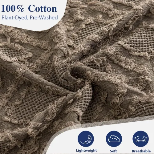 Vista 2 de Simple&Opulence Manta de 100 % algodón para cama, sofá, manta tejida geométrica bohemia con borlas, suave, ligera, transpirable, decoración de Marrón