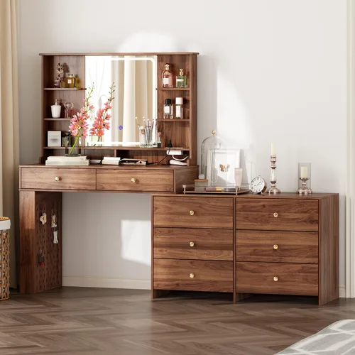Vista 12 de Ieejdn Escritorio de tocador de maquillaje con espejo y luces, escritorio de tocador con 8 cajones y estantes de almacenamiento, mesa de tocador