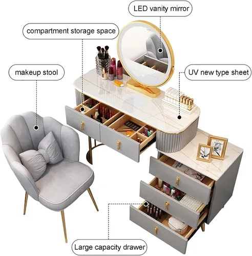 Vista 6 de Juego de tocador grande con luces LED, mesa de tocador de maquillaje con gabinete ajustable y taburete acolchado, 3 modos de iluminación, tocador