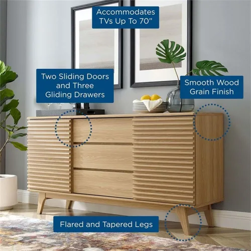 Vista 9 de Modway Render - Mueble moderno de mediados de siglo para mesa de bufé o TV de 63 pulgadas, en color roble