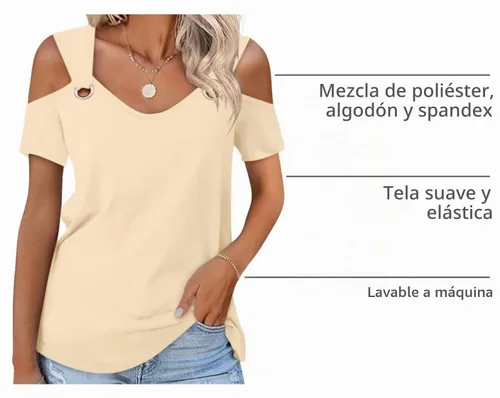 Vista 3 de Minetom - Camisetas básicas de verano para mujer, de manga corta, con hombros descubiertos y cuello en V