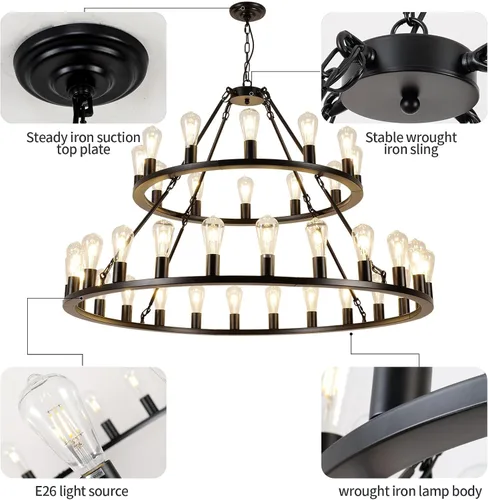 Vista 6 de Candelabro de rueda de carro, 2 niveles, 48 pulgadas, 36 luces, lámpara industrial de granja, lámpara colgante rústica negra, lámpara colgante