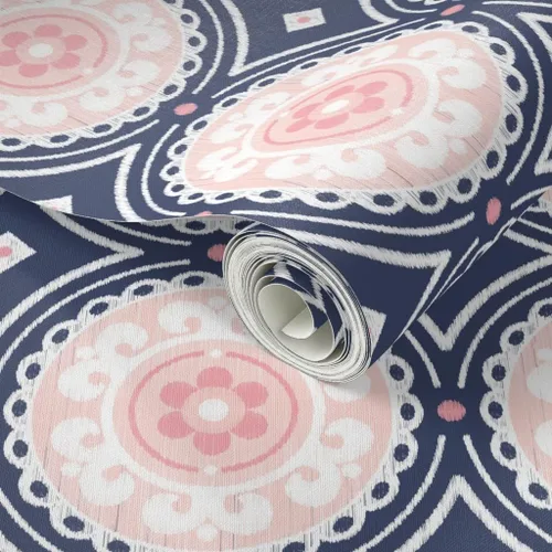 Vista 2 de Spoonflower Navy Pink White Pre-Pasted Removable Wallpaper Sample 12" x 24" Navy Pink White Circle Girls Room Self-adhesive, removable and