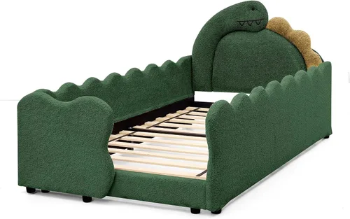 Vista 6 de Cama infantil con forma de dinosaurio de tamaño individual con barandilla de seguridad, marco de cama de piso de madera maciza para niños