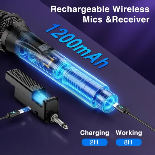 Vista 7 de Micrófono inalámbrico, sistema profesional de micrófono dinámico inalámbrico de mano dual con receptor recargable, Plug & Play, compatible