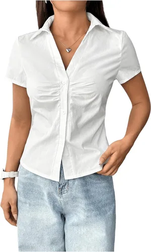 Vista 6 de SweatyRocks - Blusas con botones fruncidos, cuello en V, manga corta, camisas de trabajo para mujer