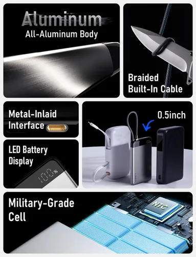Vista 6 de LISEN [Certificado CCC] [Aleación de metal] Banco de energía ultra delgado de 0.5 pulgadas, 10000 mAh, aprobado por la TSA, artículos esenciales
