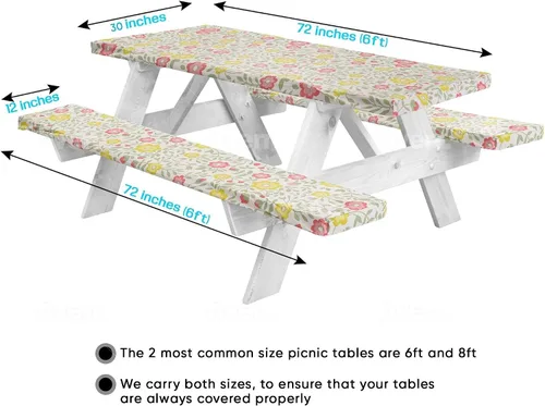 Vista 6 de LINPRO Funda de mesa de picnic de 6 pies con fundas de banco, cubiertas de vinilo ajustables para mesa de picnic con artículos esenciales de Floral