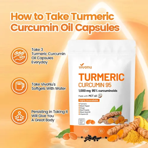 Vista 6 de VivoNu Suplemento de curcumina de cúrcuma con cápsulas de pimienta negra, 1000 mg de cúrcuma pura, curcumina 95% curcuminoides, absorción mejorada