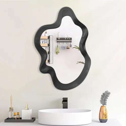 Vista 4 de Espejo asimétrico para decoración de pared, grande, moderno, ondulado, con marco de madera, espejo de pared con forma única montado en pared