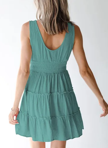 Vista 2 de Dokotoo Vestidos de verano para mujer, sin mangas, con botones, cintura elástica, volantes, escalonados, casual, con vuelo, mini vestido