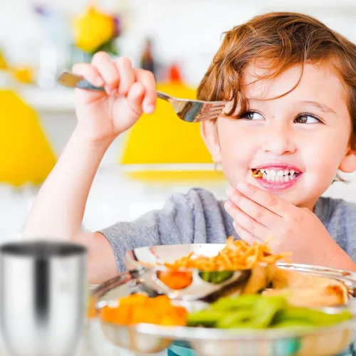 Vista 3 de Ahimsa Juego de utensilios de acero inoxidable para niños, diseño pediatra, cubiertos premium para niños, no tóxicos, aptos para lavavajillas