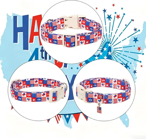 Vista 5 de Collar para perros del 4 de julio, collares patrióticos azules para cachorros y perros pequeños, ligero y ajustable 1776 collares para cachorros