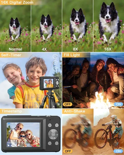 Vista 3 de Cámara digital para niños, cámara digital 1080P FHD 44MP para apuntar y disparar para fotos con tarjeta de 32 GB, zoom 16X, cámara compacta regalos