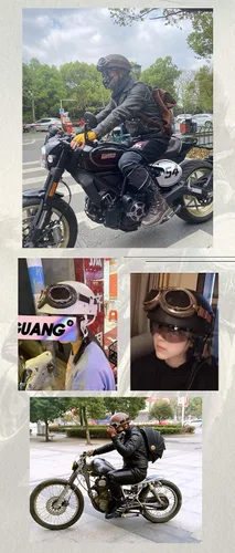 Vista 4 de Casco retro de cuero vintage para motocicleta, para hombres y mujeres, adultos, para scooter, bicicleta, crucero, con gafas y lente solar