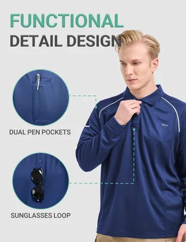 Vista 3 de BVVU Polo para hombre, manga larga, corta, táctica, para golf, absorbe la humedad, con cuello