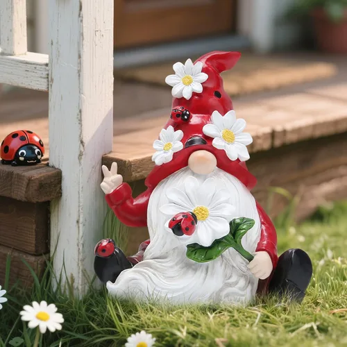 Vista 5 de Hodao Decoraciones de gnomos de primavera de mariquita para mesa del hogar, porche, jardín, patio, adornos de elfo de mariquita, decoración