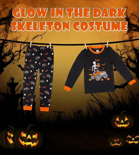Vista 24 de HONGTEYA Ropa de Halloween para niños y niñas, ropa de esqueleto de algodón para niños pequeños, talla 3-7T