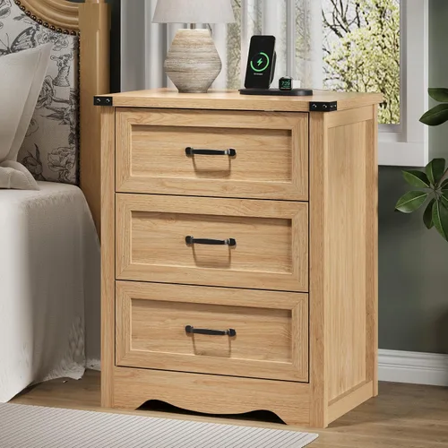 Vista 12 de Mesita de noche con 3 cajones, mesa auxiliar de 61 cm de ancho estilo granja, mesa de noche de madera rústica con asa metálica, cómoda moderna