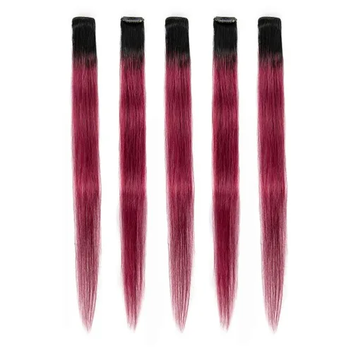 Vista 12 de Winsky Extensiones de cabello morado con clip – 100% cabello humano real de color para niñas, piezas de cabello de Halloween, 5 piezas/juego