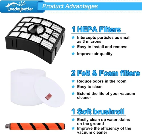 Vista 5 de Leadaybetter Filtro de repuesto para Shark APEX DuoClean Lift-Away AX950 AX951 AZ1002 AZ1000 AZ1000W, 1 filtro negro, 2 filtros de espuma y fieltro