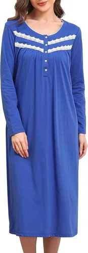 Vista 22 de Camisones largos de algodón para mujer, 100% algodón, vestido de noche de manga larga para mujer, ropa de dormir vintage A rosa