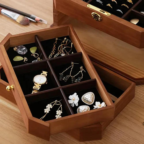 Vista 4 de MUSUMI Joyero extra grande de madera maciza, caja de joyería de madera maciza, caja de almacenamiento de regalo, organizador con cerradura