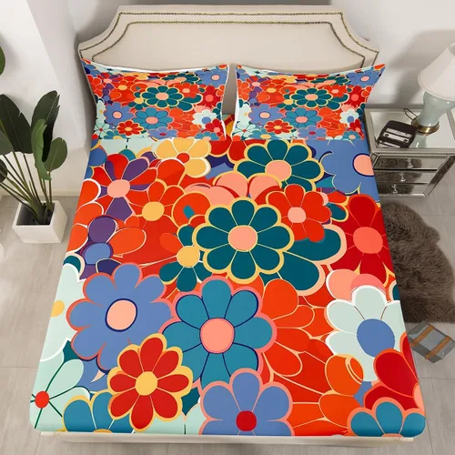 Vista 21 de Juego de ropa de cama con diseño floral bohemio, tamaño individual, diseño retro de flores groovy, 60S y 70S, diseño de flores hippie para niños