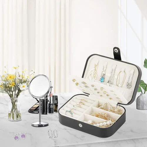 Vista 8 de Smileshe Joyero estuche de viaje portátil pequeño de piel sintética organizador de 2 capas cajas de almacenamiento para anillos aretes collares