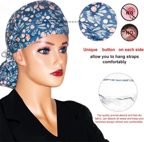 Vista 2 de Gorra médica con botones – Gorro de algodón con banda para el sudor, lazo trasero ajustable para cola de caballo