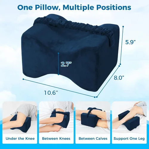 Vista 5 de Almohada de rodilla para dormir de lado, almohada de espuma viscoelástica con correa, color azul Ergonomic Between Leg Support Pillow for Sleeping