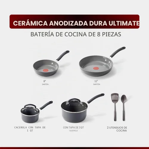 Vista 2 de T-fal Juego de utensilios de cocina antiadherentes de cerámica, 8 piezas