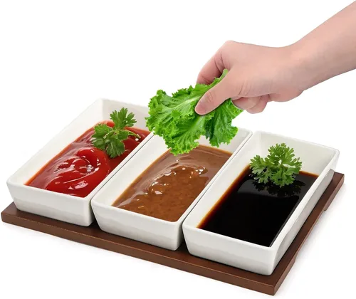 Vista 3 de Elsjoy Bandeja de servir de 3 secciones, plato de madera dividido con cuencos de cerámica, bandeja de inmersión de 3 compartimentos para aperitivos