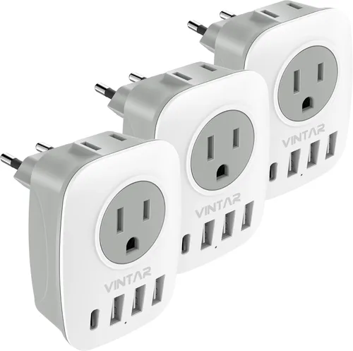 Vista 9 de Paquete de 2 adaptadores de enchufe de Sudáfrica, adaptador de enchufe VINTAR tipo M con 1 USB C, 3 puertos USB y 2 enchufes estadounidenses