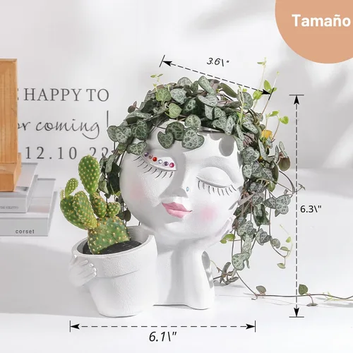 Vista 2 de vomiceak Macetas de Cara con Forma de Cabeza, Macetas para Plantas de Interior - Macetas Dobles Lindas para Flores y Suculentas con Agujeros