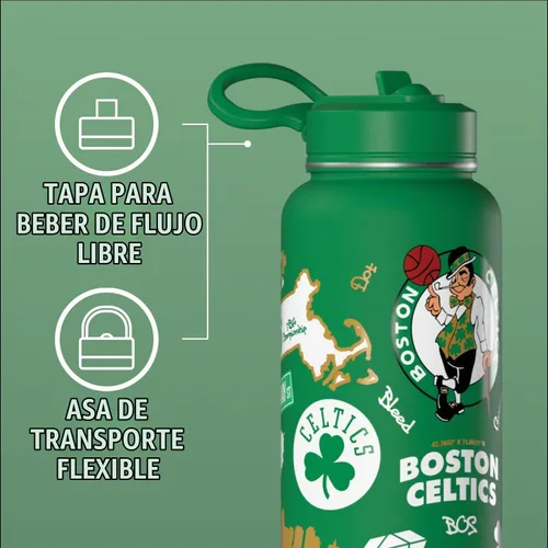 Vista 3 de Hydrapeak Botella de agua aislada de 32 onzas con licencia oficial de la NBA Boston Celtics, celebrando la ciudad de Boston, tapa de popote y asa