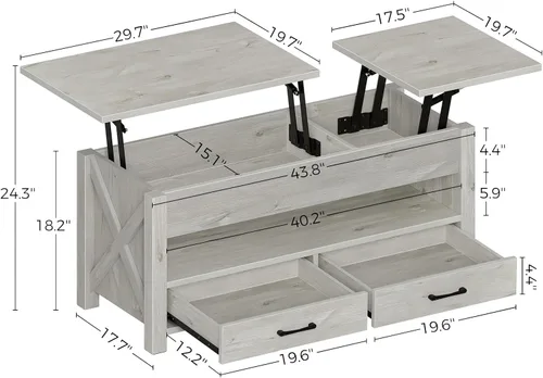 Vista 3 de Seventable Mesa auxiliar, mesa auxiliar de 47.2 pulgadas con 2 cajones de almacenamiento y compartimento oculto, mesa central retro con mesa de Gris