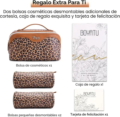Vista 5 de BOYATU Bolsa de maquillaje de viaje para mujer: 3 en 1 modular con estampado de leopardo para viajes de 3 a 15 días - Neceser impermeable de cuero