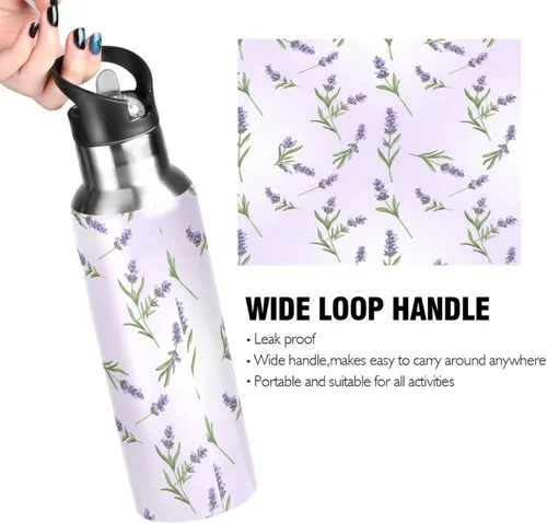 Vista 4 de Insulated Stainless Steel Water Bottle with Straw 32 Oz, BPA-Free Sport Water Bottle Insulated for Gym Outdoor Travel School, Lavender Flowers Green