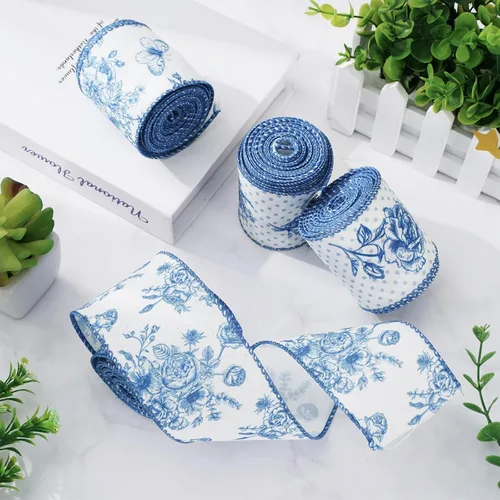 Vista 4 de AnyDesign Cinta blanca y azul con borde con alambre, diseño de mariposas y flores, 24 yardas, 2.5 pulgadas, cintas de tela de flores azules