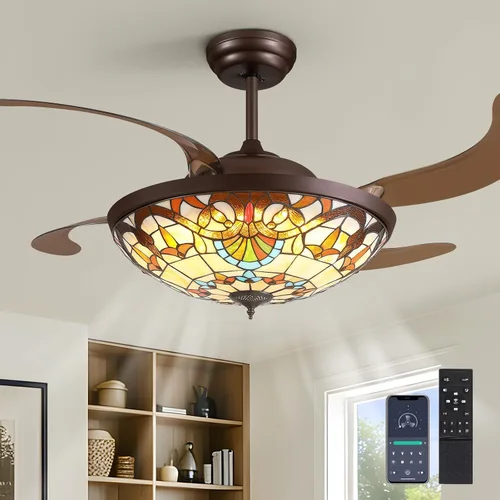Vista 10 de Ventiladores de techo Tiffany de 42" con luces, ventilador de techo de vidrio manchado, ventilador de techo retráctil con candelabro y control