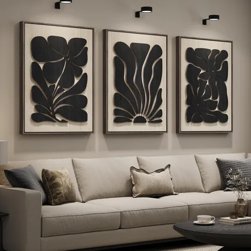 Vista 13 de Arte de pared de madera 3D con textura bohemia 3D para dormitorio, 3 piezas de arte de madera tallada botánica tropical para paredes, hoja de Marrón