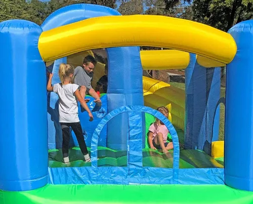 Vista 6 de Island Hopper Casa de rebote recreativa para niños con tobogán doble curvo y pared de escalada