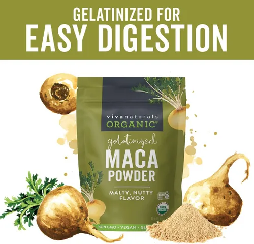 Vista 4 de Polvo de maca orgánico gelatinizado de Viva Naturals, 8 oz – Vegano, USDA orgánico, sin gluten, sin GMO, superalimento peruano en bolsa resellable