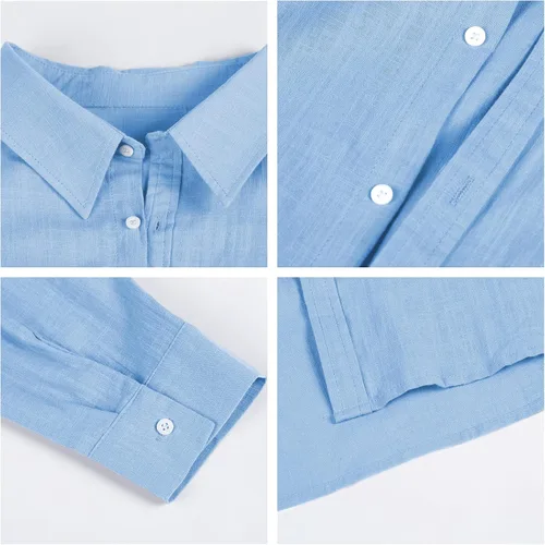 Vista 4 de Camisas con botones para hombre manga larga lino playa casual algodón para verano ligeras