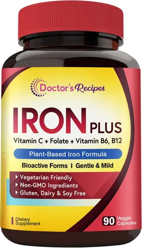 Vista 10 de Doctor's Recipes Suplemento de hierro para mujeres y hombres – Bisglicinato de hierro suave con vitamina C, B6, folato y B12, pastillas de hierro